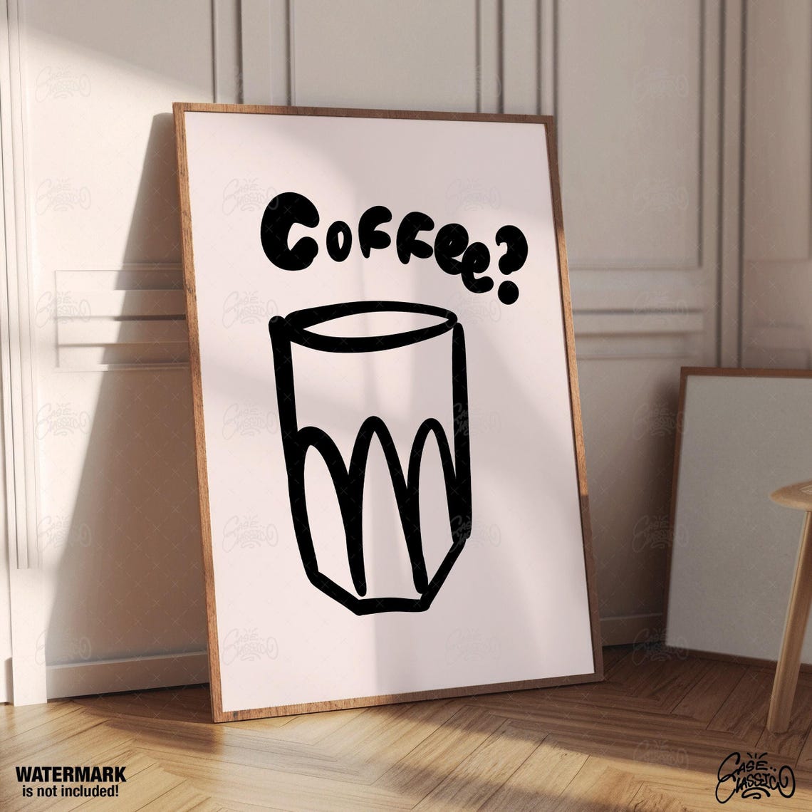 Coffee? Black Line Cup Doodle Minimalist Cafe Kitchen Art Poster
