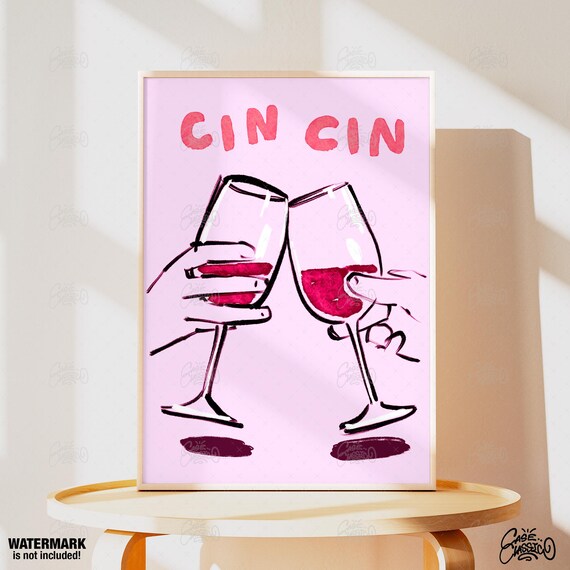 Cin Cin Pink Italian Wine Toast Clinking Glasses Illustration Poster