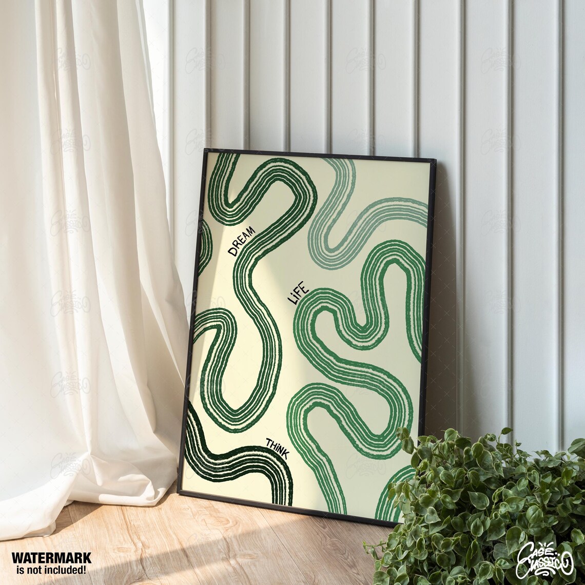 Mid Century Green Squiggle Abstract Dream Life Think Wall Art - Image 4