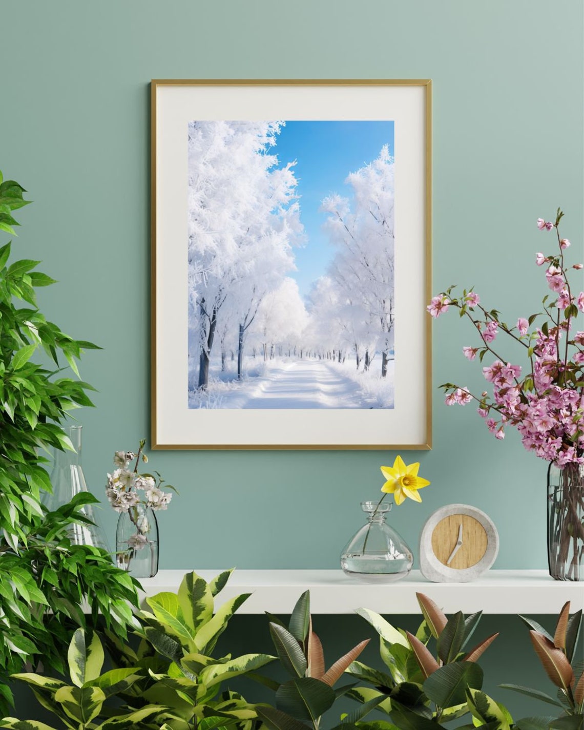 Frost Covered Winter Road with White Trees under Blue Sky Poster