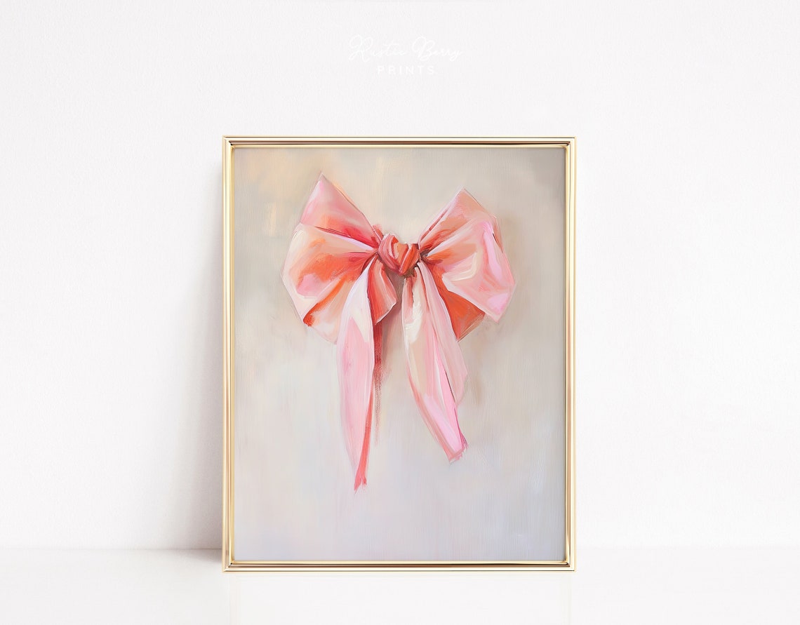 Pastel Pink Ribbon Bow Soft Coquette Nursery Girly Bedroom Wall Art