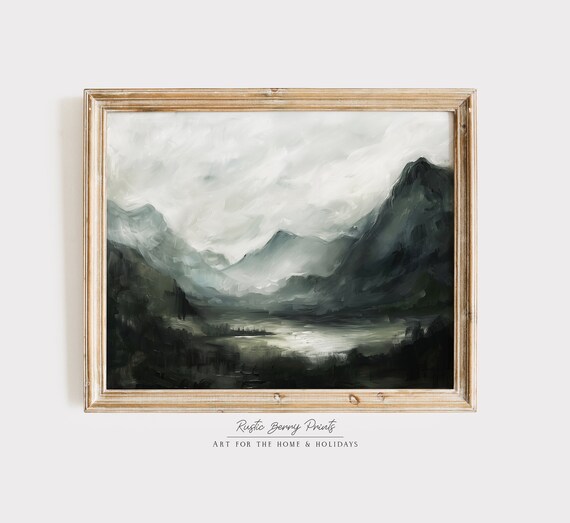 Moody Mountains And Lake Oil Painting Wall Art Dark Cottagecore Academia Mountain Landscape Vintage Print