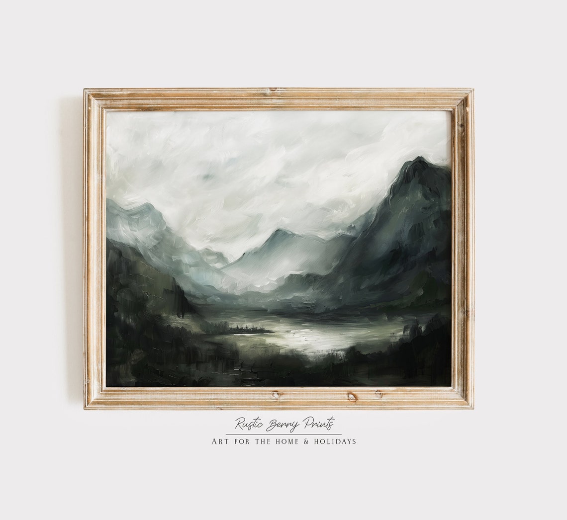 Moody Dark Mountains And Lake Gray Green Oil Painting Wall Art