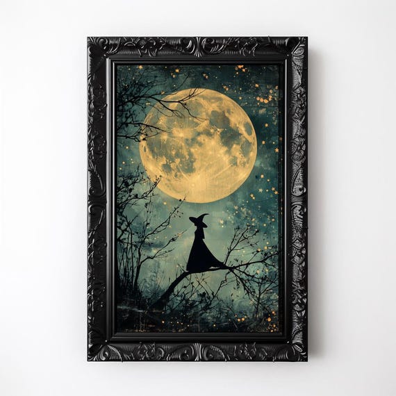 Vintage Full Moon Witch Print Halloween Night Sky Wall Art Witchy Celestial Print Moody Dark Tree Silhouette Stars And Moon Sky