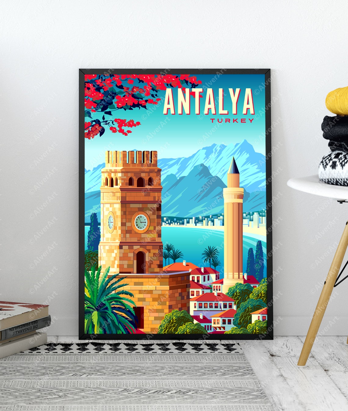 Antalya Turkey Clock Tower Minaret Coastal Mountain Travel Poster - Image 3