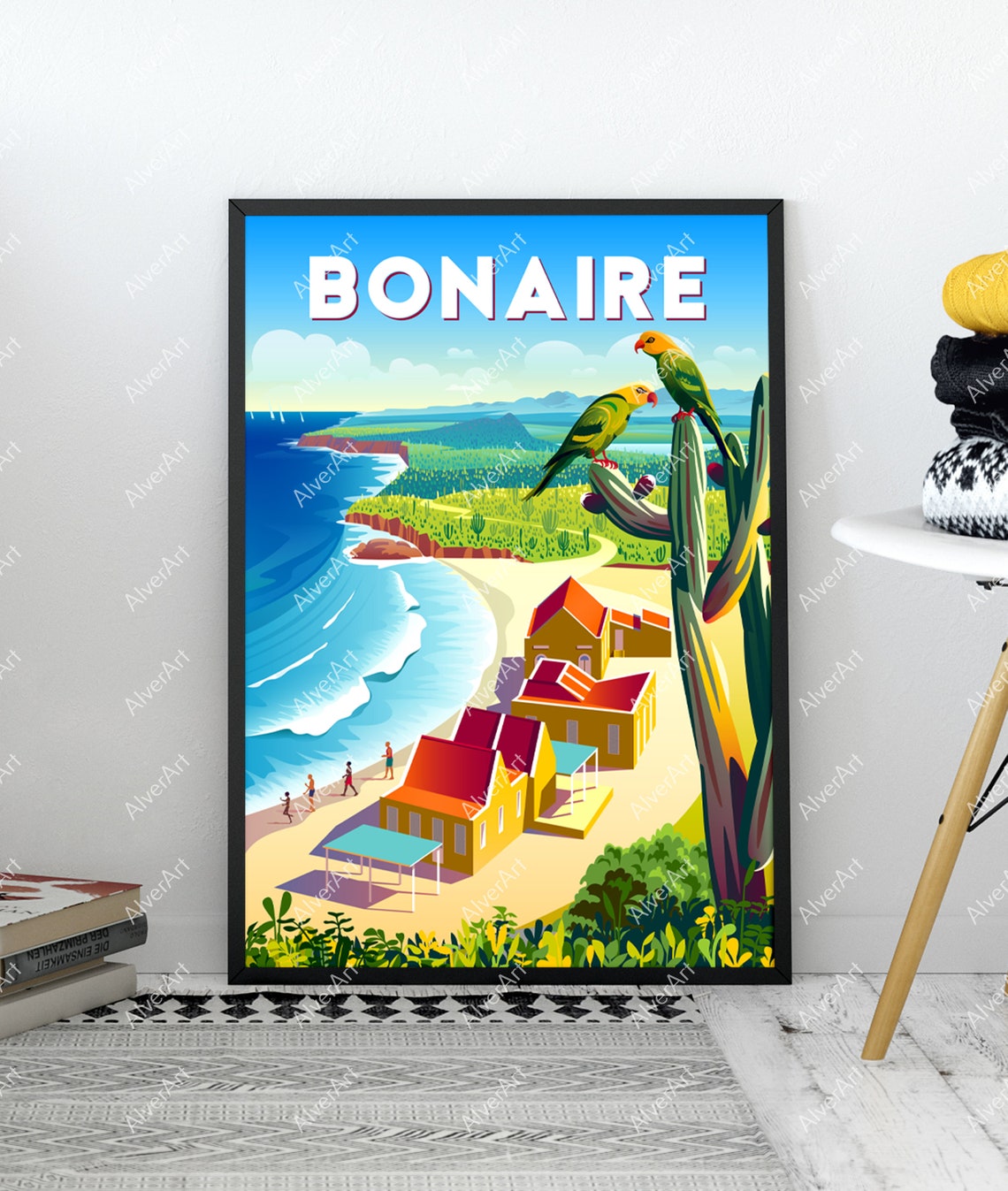 Bonaire Caribbean Parrots On Cactus Beach Houses Travel Poster - Image 3
