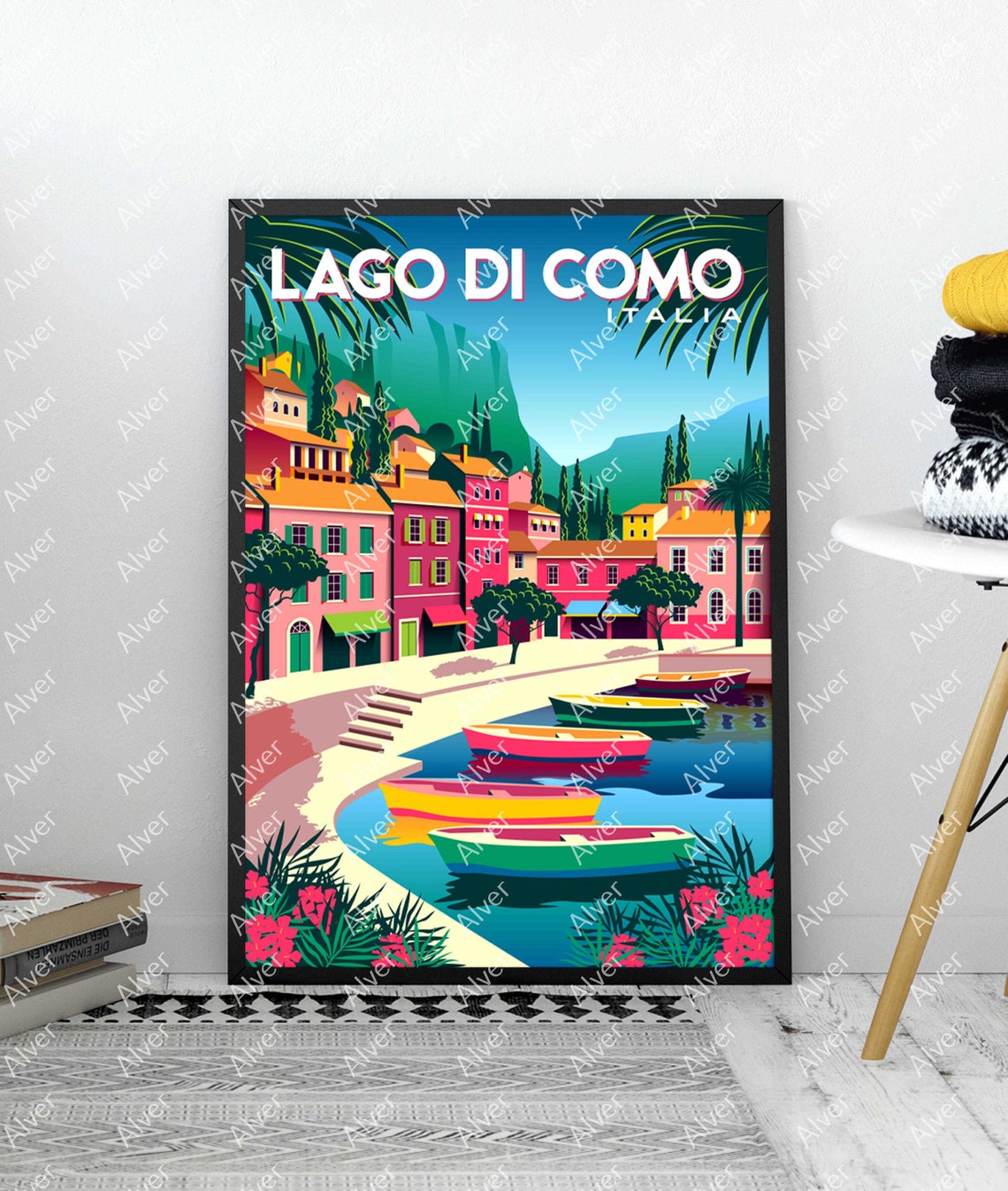 Lago di Como Italia Lakeside Village Colorful Rowboats Poster - Image 3