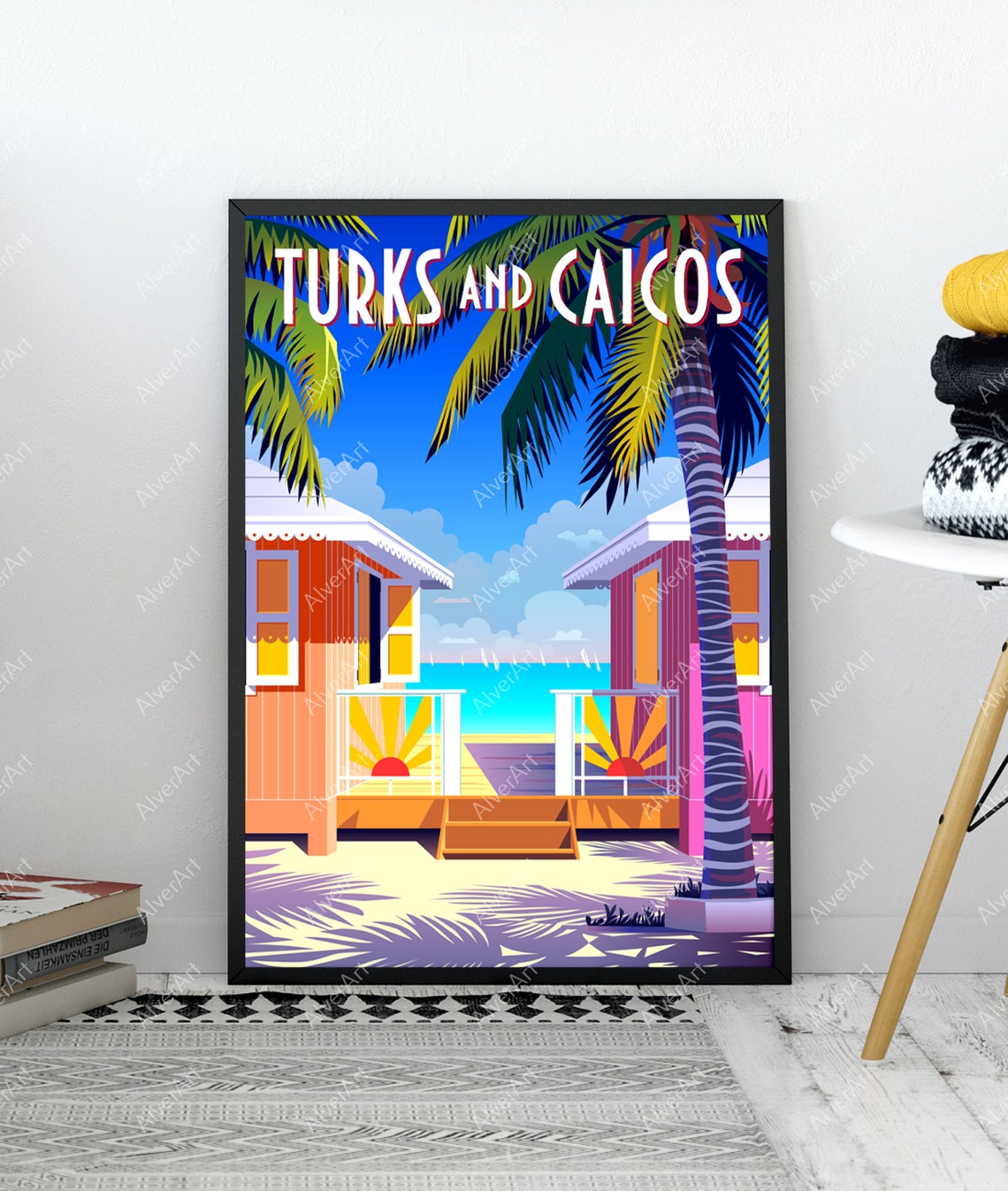 Turks And Caicos Colorful Beach Huts Palm Tree Travel Poster - Image 3