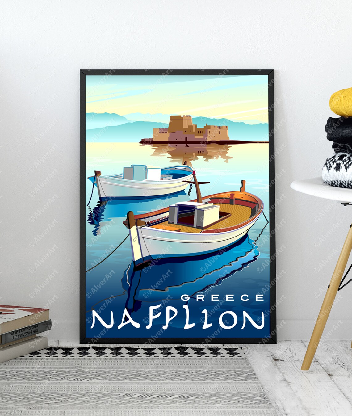 Nafplion Greece Fishing Boats Island Fortress Harbor Scene Poster - Image 2