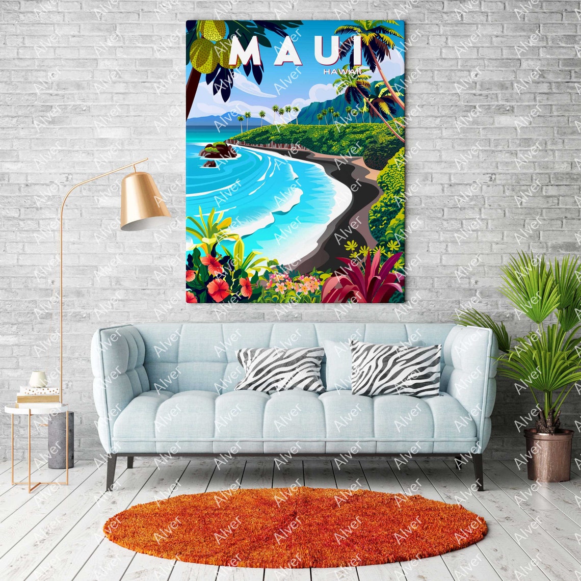 Maui Hawaii Black Sand Beach Retro Tropical Surf Travel Poster - Image 2