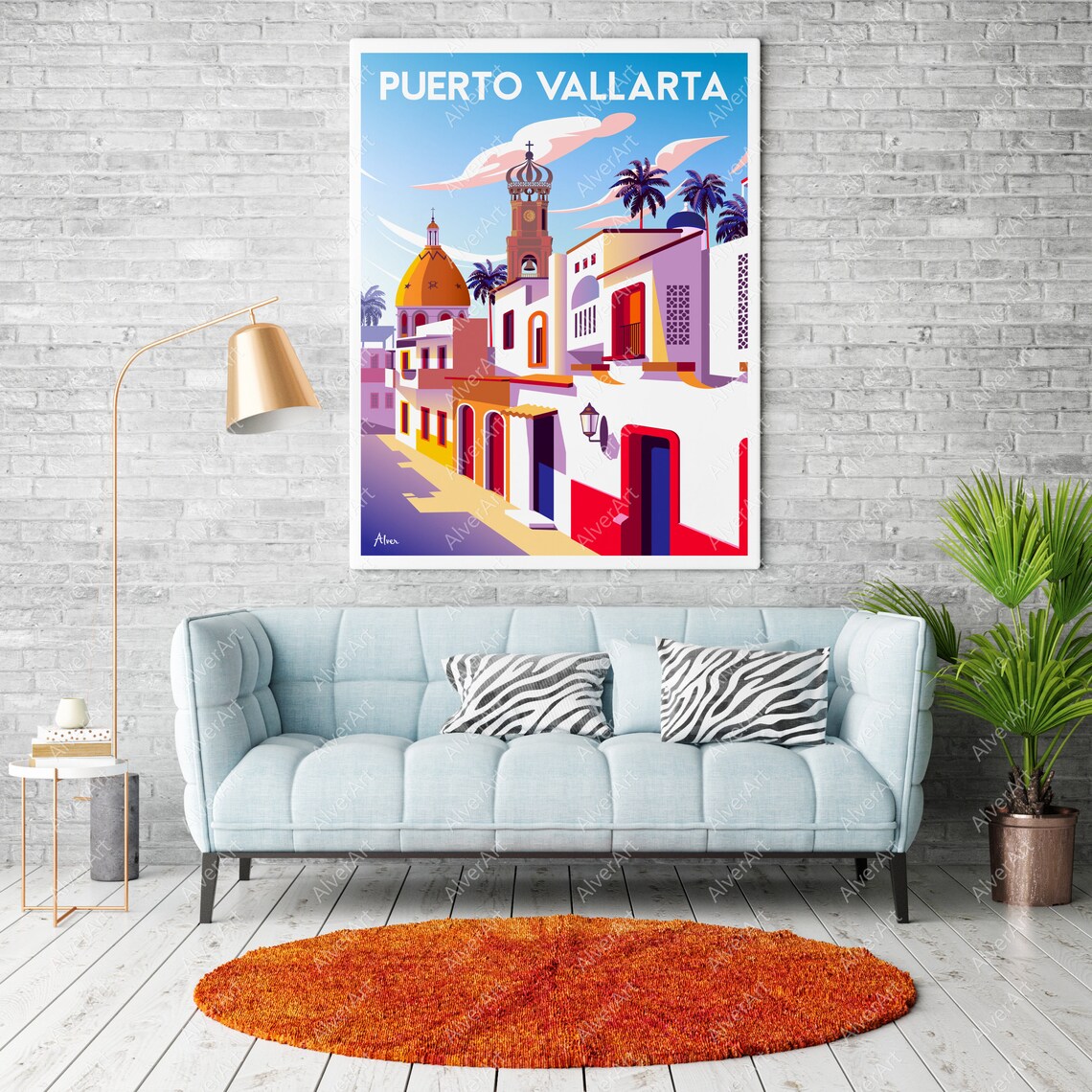 Puerto Vallarta Colorful Colonial Street Church Tower Poster - Image 2