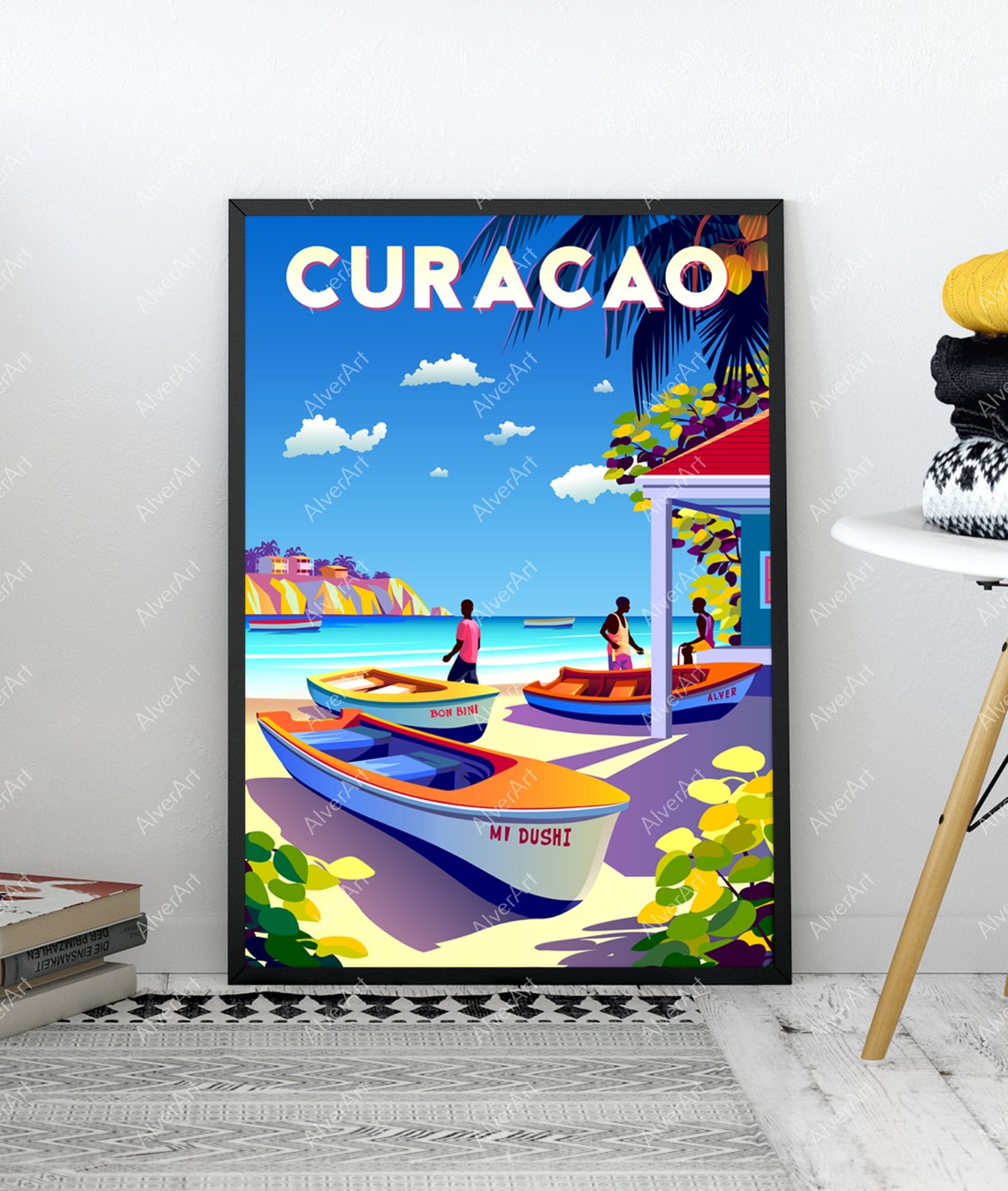 Curacao Colorful Fishing Boats On Beach Caribbean Travel Poster - Image 3