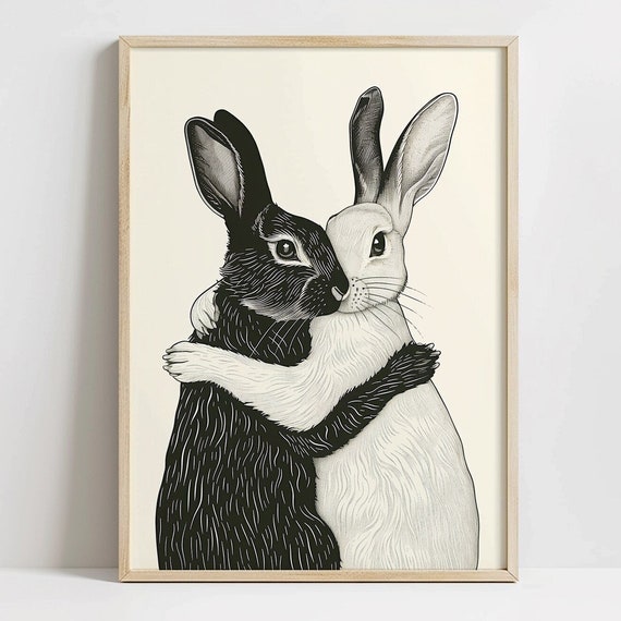 Vintage Rabbit Art Print Rustic Cottage Bunnies Farmhouse Nursery Instant Artwork Folk