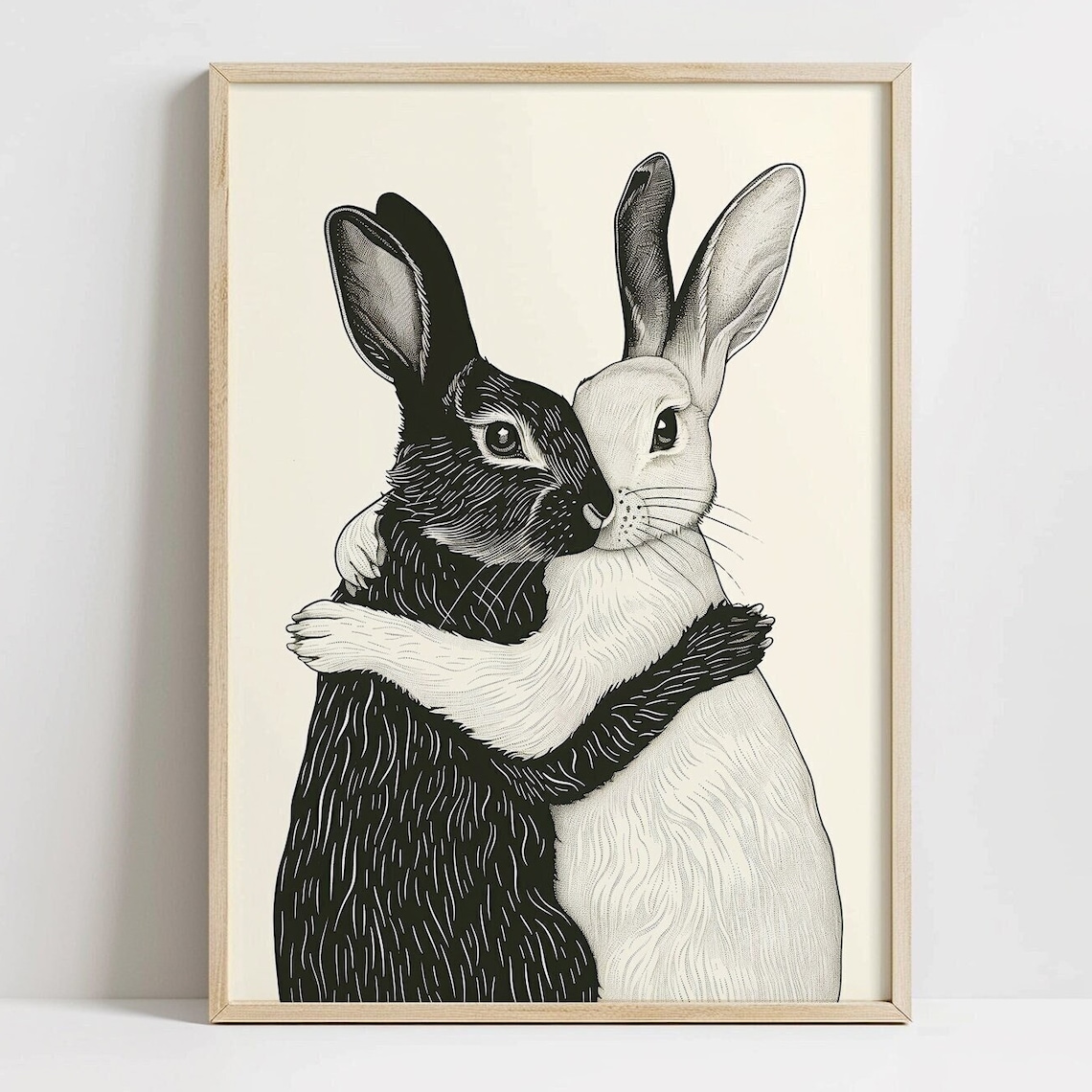 Hugging Rabbits Black Ink Poster Vintage Bunny Pair Rustic Nursery Art