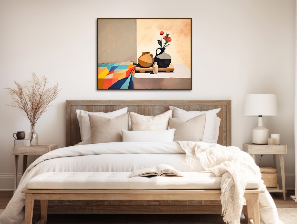 Adobe Still Life Painting Clay Pots Patchwork Cloth Flowers Wall Poster - Image 2