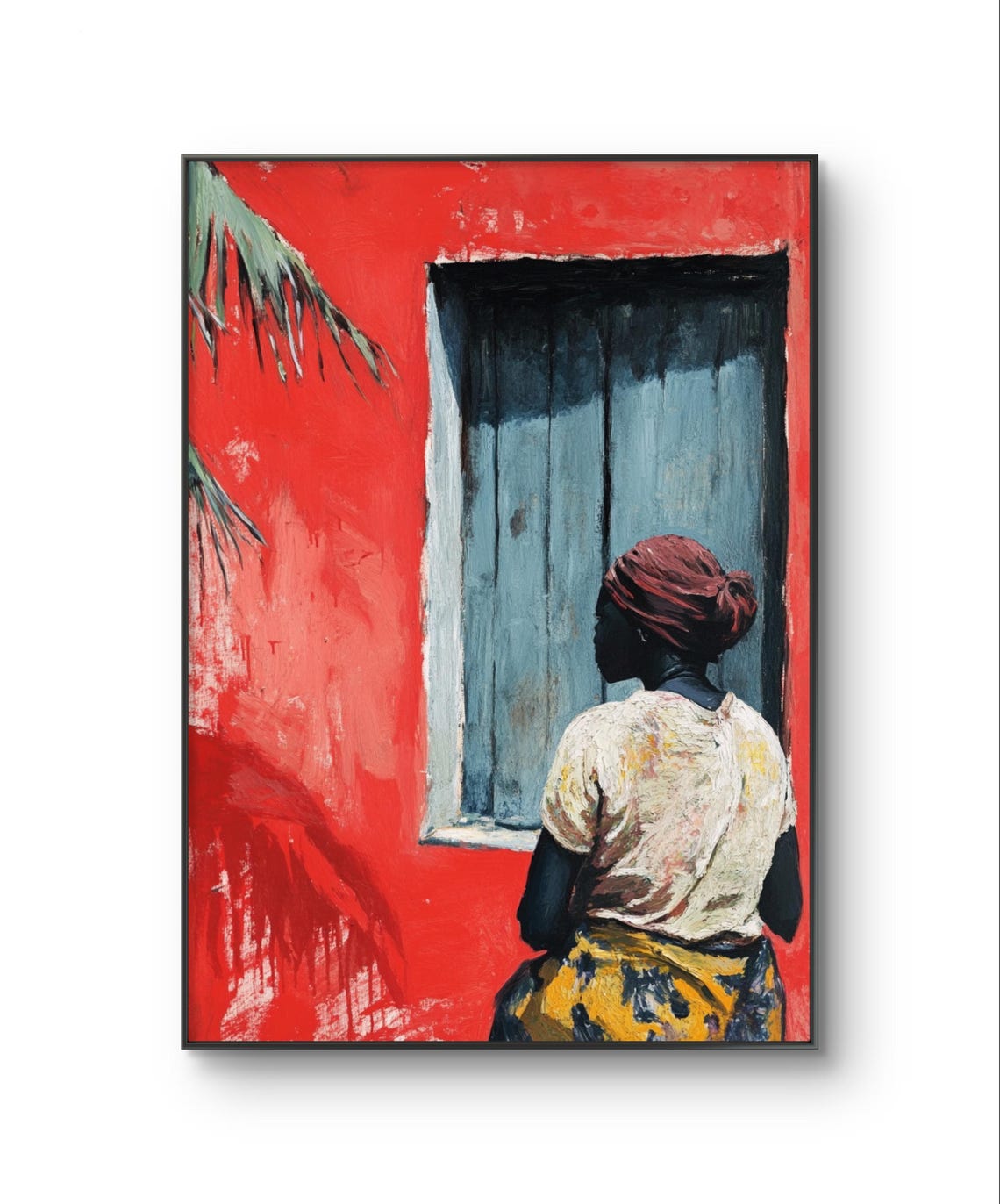 Woman In Red Headwrap By Red Wall And Blue Window Lubumbashi Print