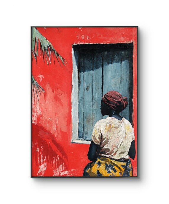 Woman In Red Headwrap By Red Wall And Blue Window Lubumbashi Print