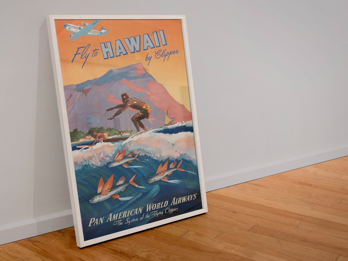 Fly To Hawaii 1940s Vintage Surfing Travel Poster - Image 4