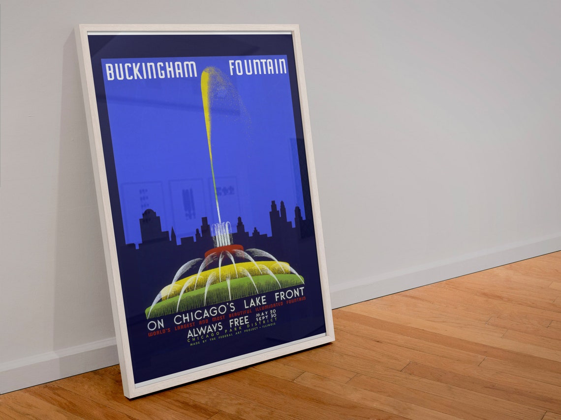Buckingham Fountain Chicago Lakefront Night Lights WPA Vintage Poster - Image 4