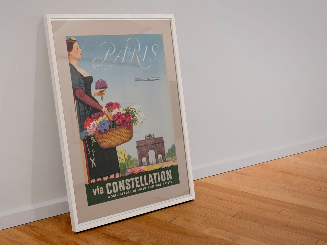 Paris via Constellation Vintage Airline Flower Girl Travel Poster - Image 4