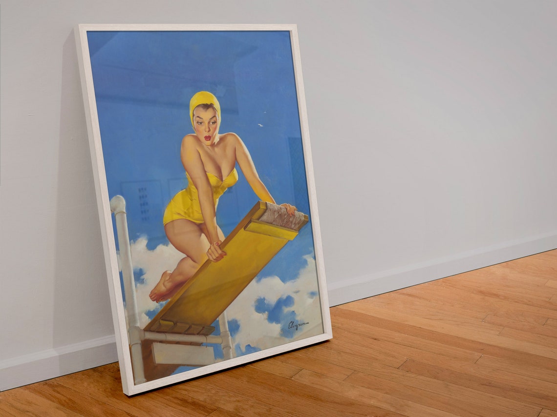 Elvgren High and Shy Yellow Swimsuit Diving Board Vintage Poster - Image 4