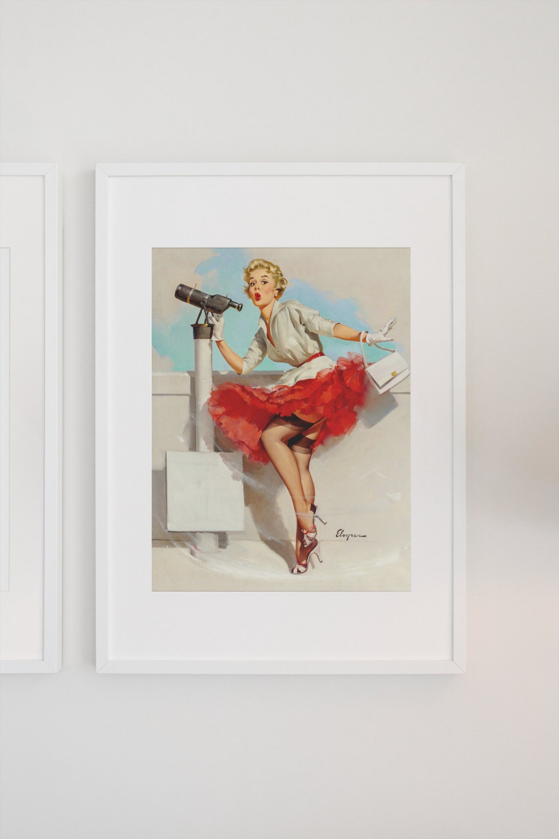 Elvgren What a View Telescope Pin Up Girl Red Ruffle Skirt Poster - Image 3