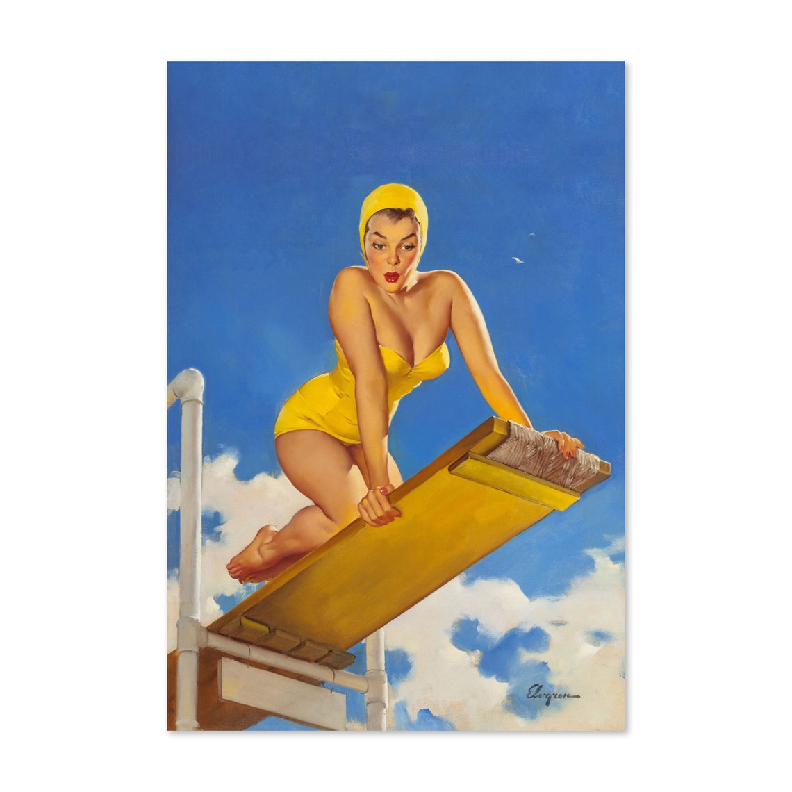 Elvgren High and Shy Yellow Swimsuit Diving Board Vintage Poster