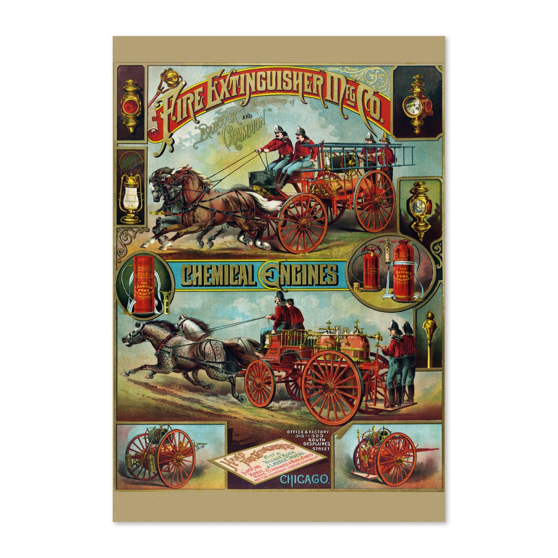 Fire Extinguisher Mfg Co Horse Drawn Chemical Engine Ad Poster