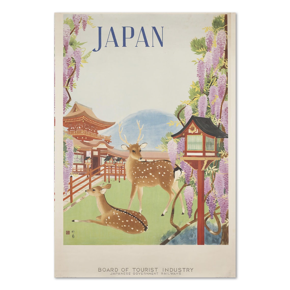 Japan Travel Poster Deer Temple Wisteria Railway Vintage Art