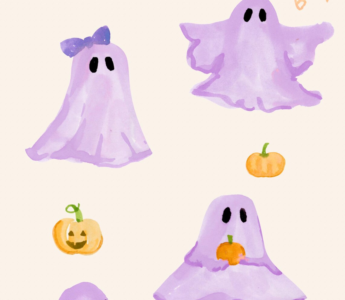Purple Ghosts and Pumpkins Art Print, Halloween Decor - Image 2