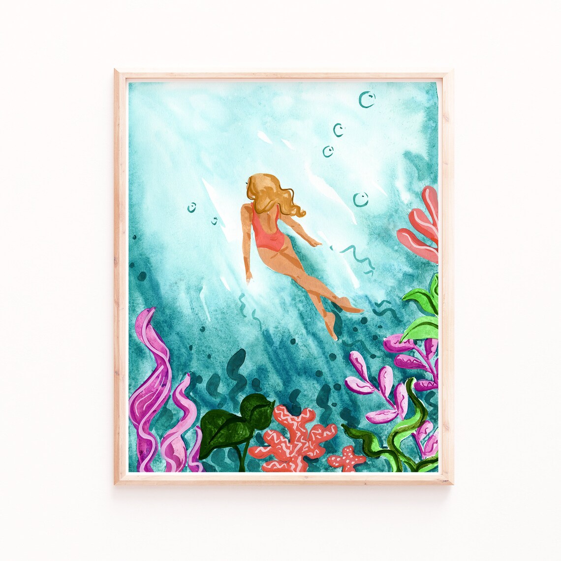 Woman Swimming Underwater Ocean Art Print - Image 4