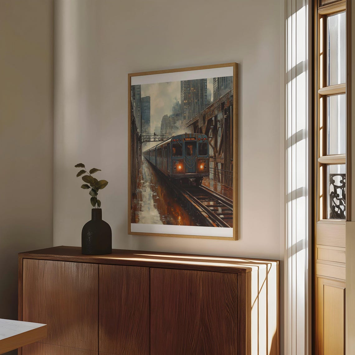 Moody City Train on Elevated Tracks Industrial Urban Scene Poster - Image 4