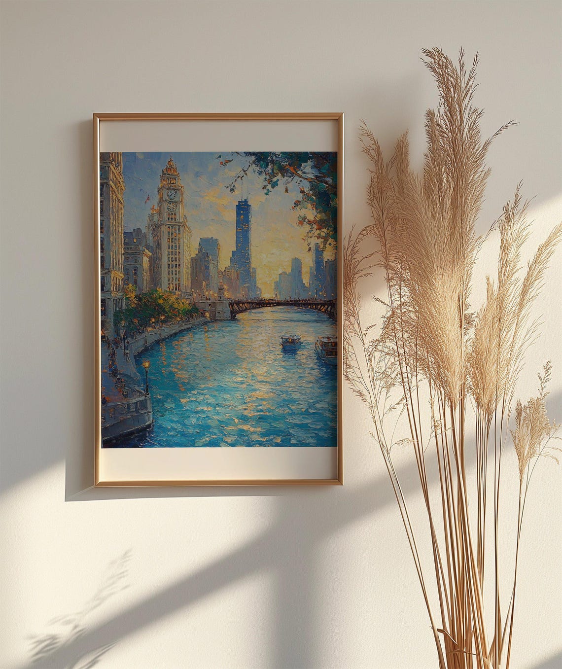 Chicago River Skyline at Sunset Impressionist Oil Painting Poster - Image 2