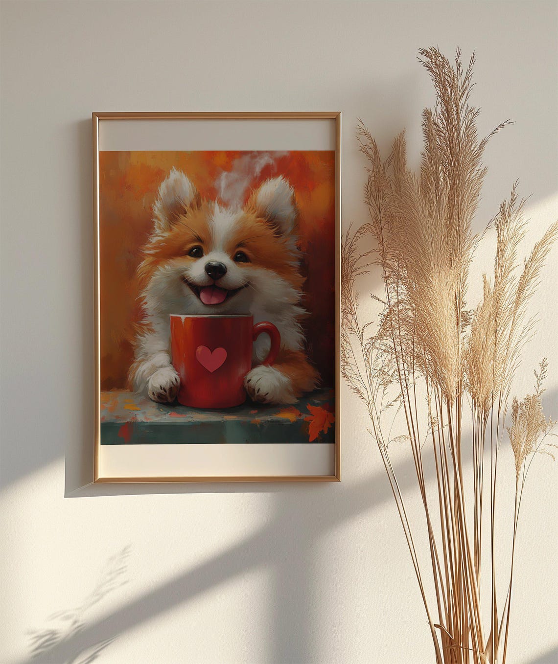 Smiling Fluffy Pomeranian Puppy with Red Heart Mug Art Poster - Image 2