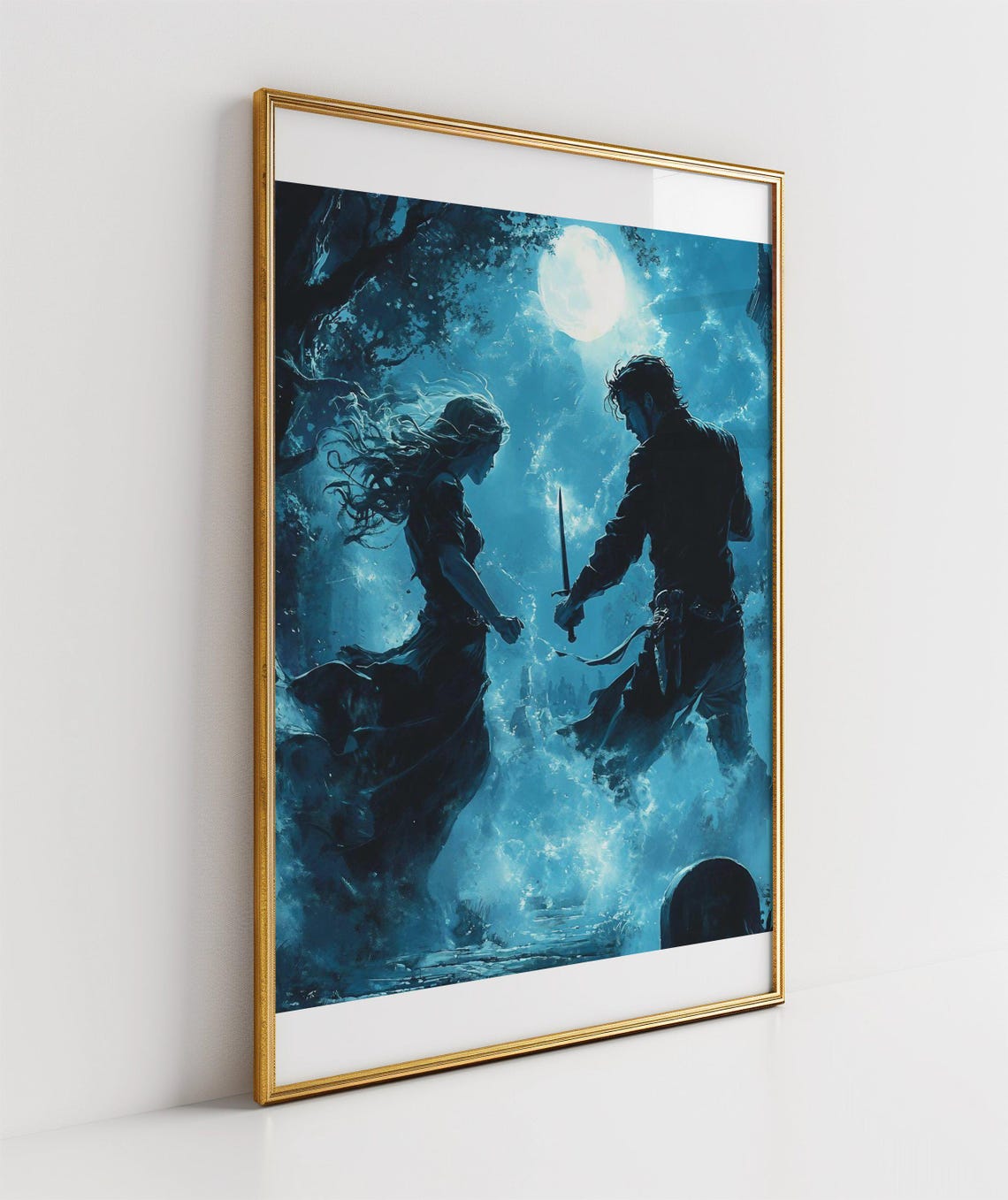 Enchanted Moonlit Duel Fantasy Wall Art Mystical Blue Night Sword Battle Print Mysterious Forest Dcor Magical Enemies Artwork - Image 3