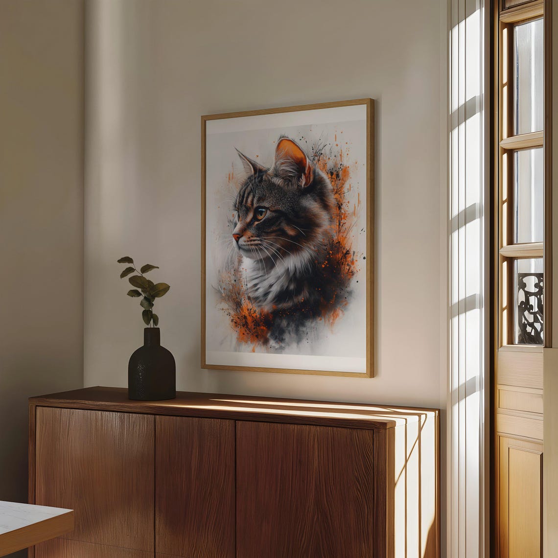 Watercolor Tabby Cat Portrait With Fiery Orange Paint Splashes Poster - Image 4