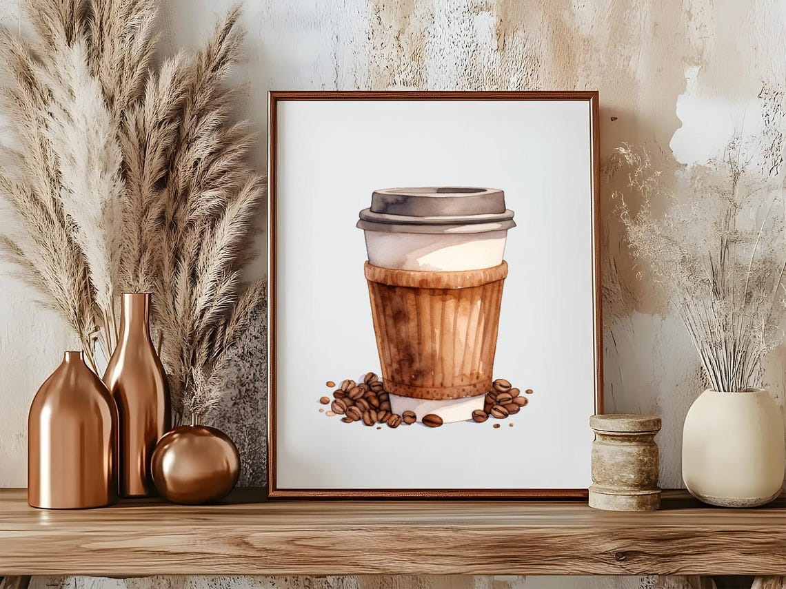 Watercolor Takeaway Coffee Cup Poster With Scattered Roasted Beans - Image 5