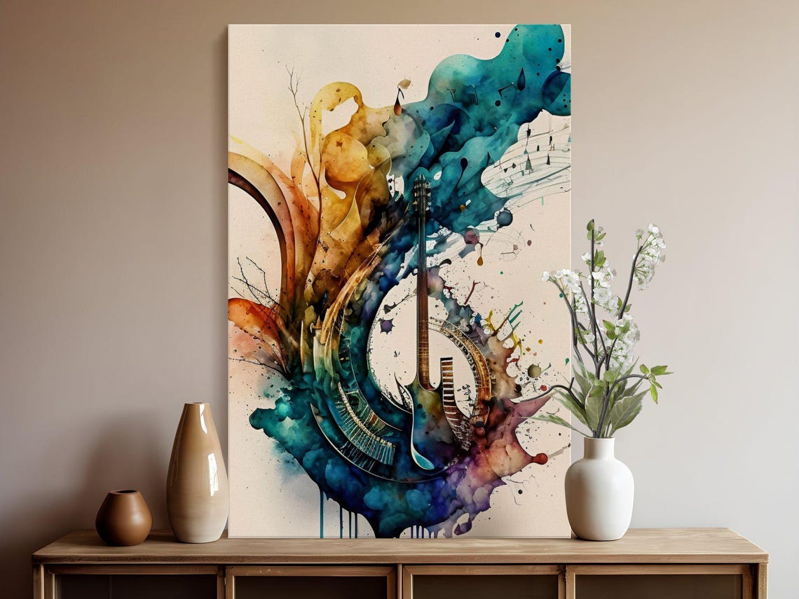 Acoustic Guitar Dissolving Into Teal And Gold Watercolor Splash Poster - Image 5