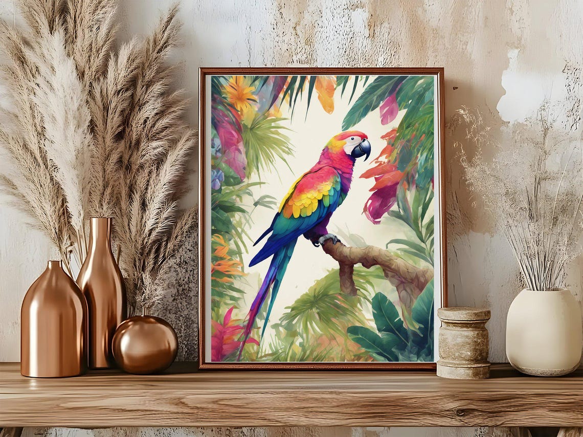 Colorful Macaw Parrot Poster Perched Branch Tropical Floral Art - Image 5