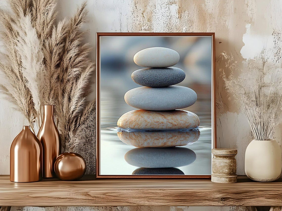 Balanced Zen Stones Mirrored Perfectly in Still Water Art Poster - Image 5