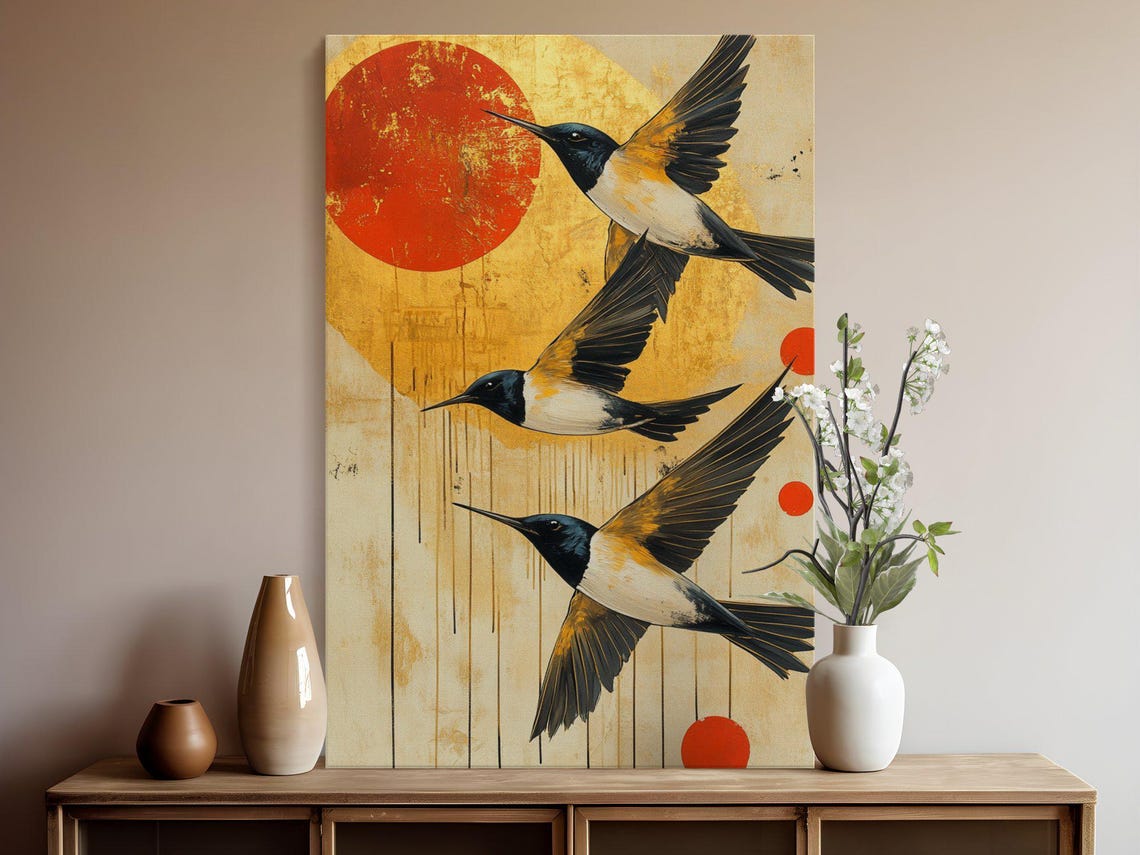 Three Swallows in Flight Poster With Bold Red Sun Japanese Style - Image 5