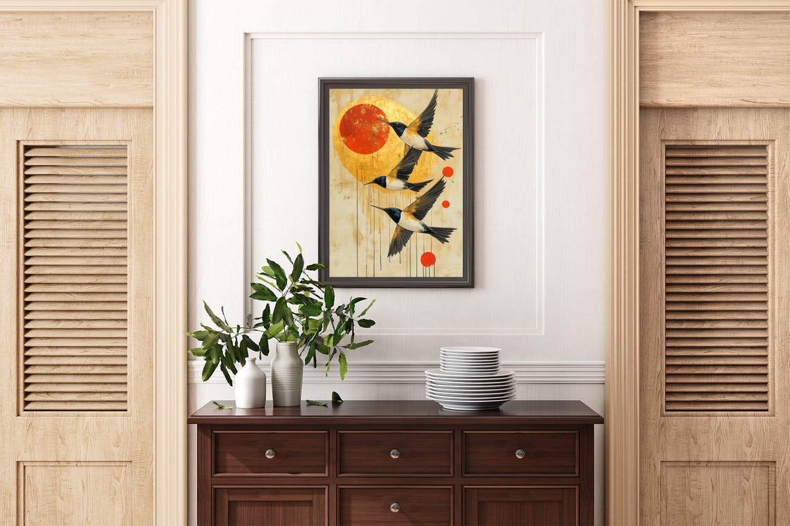 Three Swallows in Flight Poster With Bold Red Sun Japanese Style - Image 2