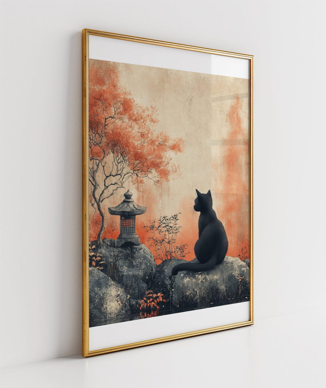 Black Cat Resting in a Japanese Zen Garden With Red Maple Tree Poster - Image 3