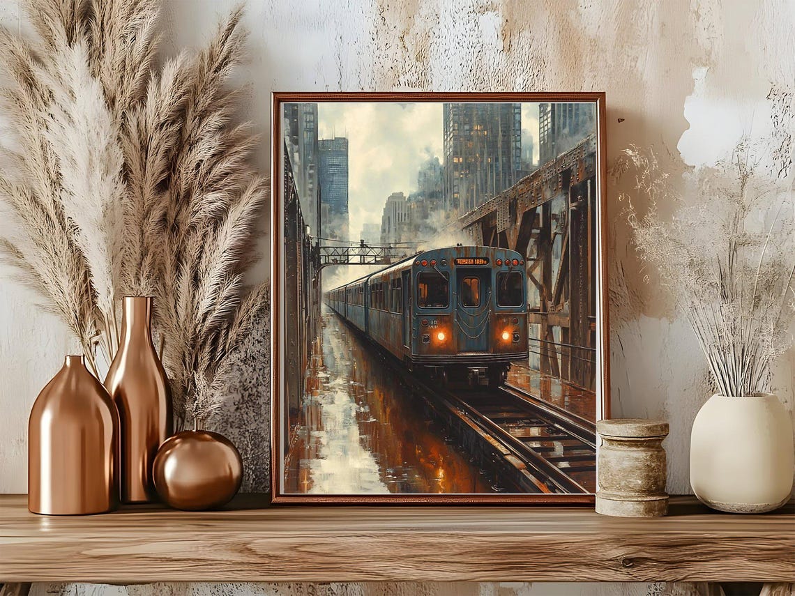 Moody City Train on Elevated Tracks Industrial Urban Scene Poster - Image 5