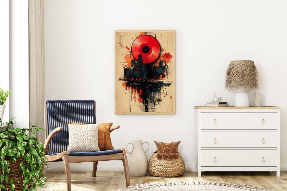 Red Vinyl Record Sun Rising Over A Dark Grungy Cityscape Wall Art - Image 3