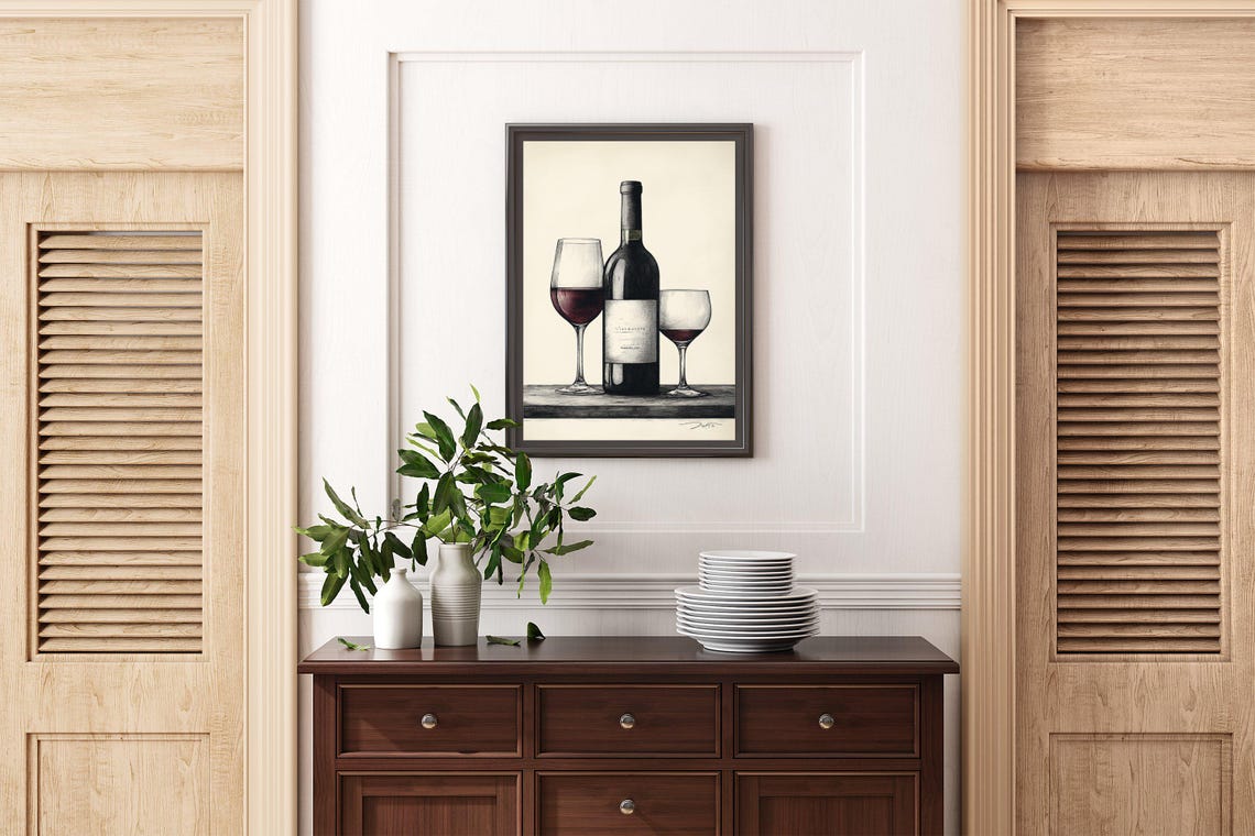 Wine Bottle and Two Glasses Sketch Poster For Elegant Dining - Image 2