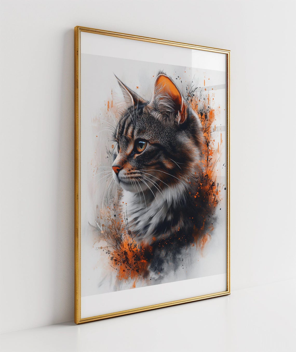 Watercolor Tabby Cat Portrait With Fiery Orange Paint Splashes Poster - Image 3