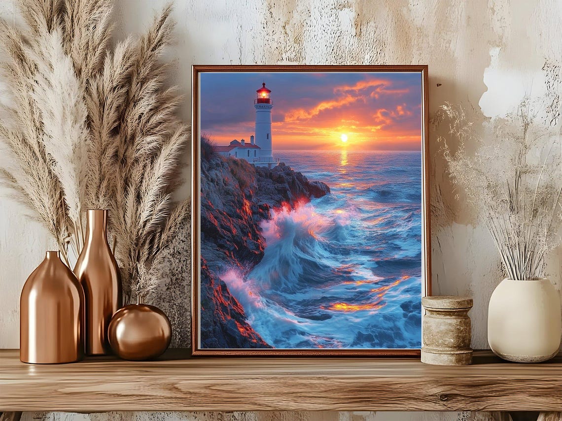 Lighthouse at Sunset Poster Over Dramatic Ocean Waves and Cliffs - Image 5