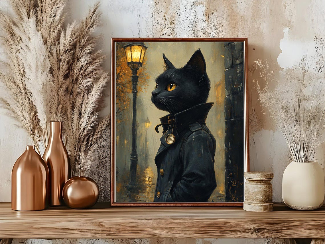 Black Cat Detective Poster Wearing a Trench Coat by a Lamppost - Image 5