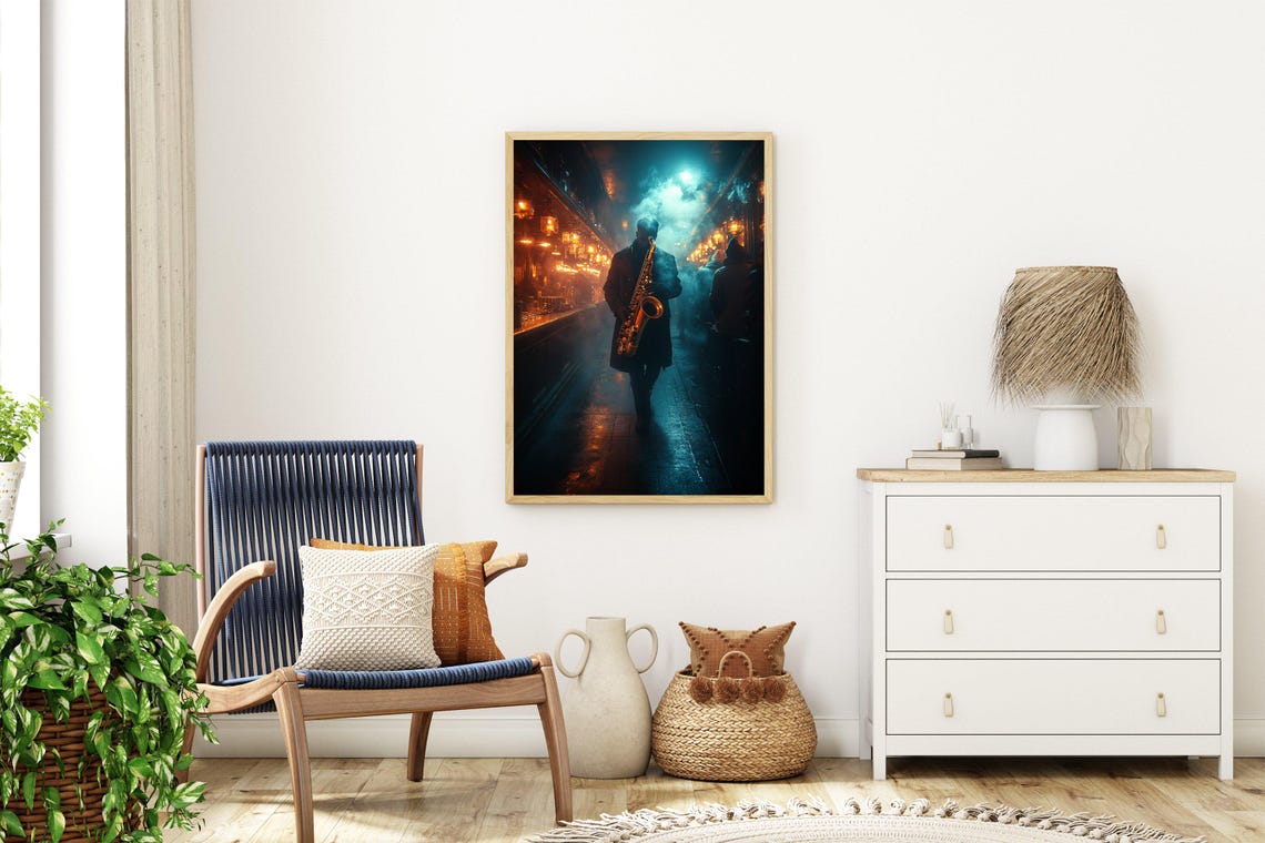 Smoky Jazz Bar Saxophonist Walking In Moody Blue Light Poster - Image 3